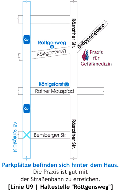 Lageplan: Die Praxis liegt an der Ecke Gröppersgasse / Rösrather Straße. Haltestellen Röttgenweg und Königsforst an der Rösrather Straße, Autobahn A3 mit Anschlussstelle Königsforst über die Bensberger Straße.